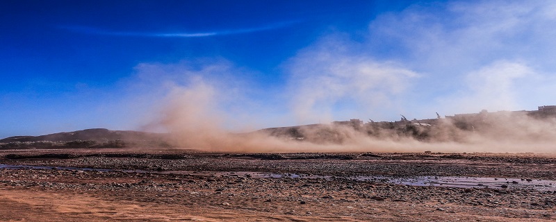 强风是沙尘暴产生的动力，沙、尘源分布和有利的空气